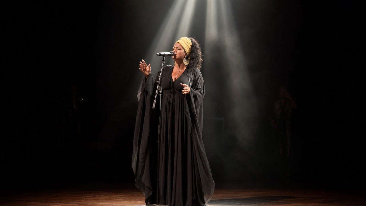Rouba Zeidan singing alone on stage under a spotlight