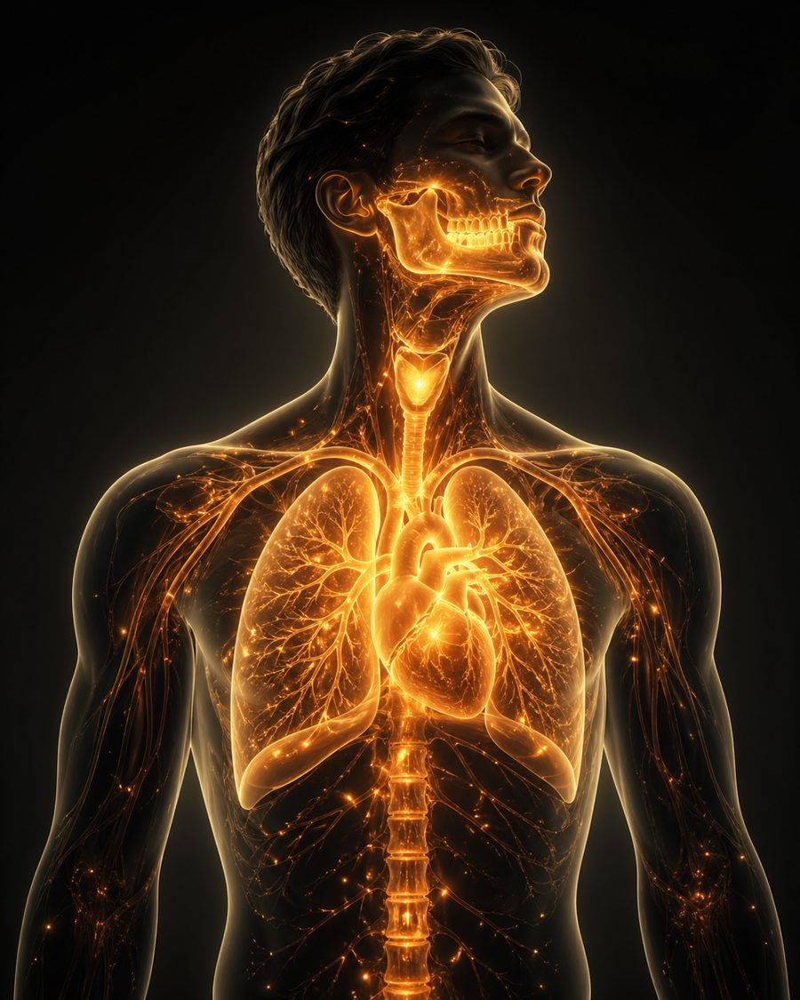 An illuminated human figure showing the head, throat, heart and lungs